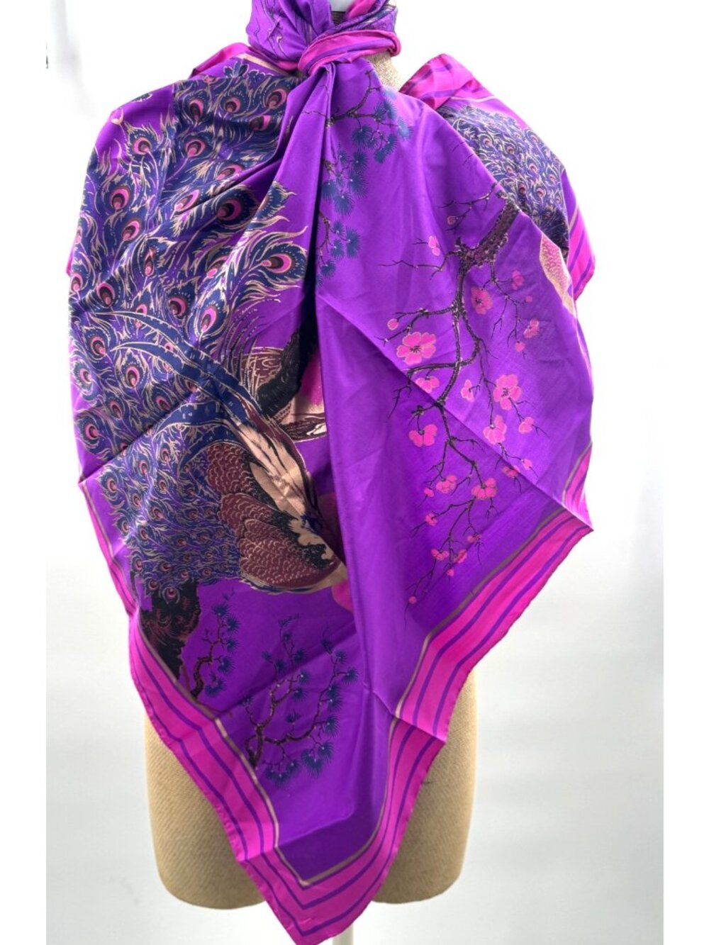 Vintage Thai Pure Silk Purple Birds Peacocks Hand Rolled Edges Large Scarf Shawl